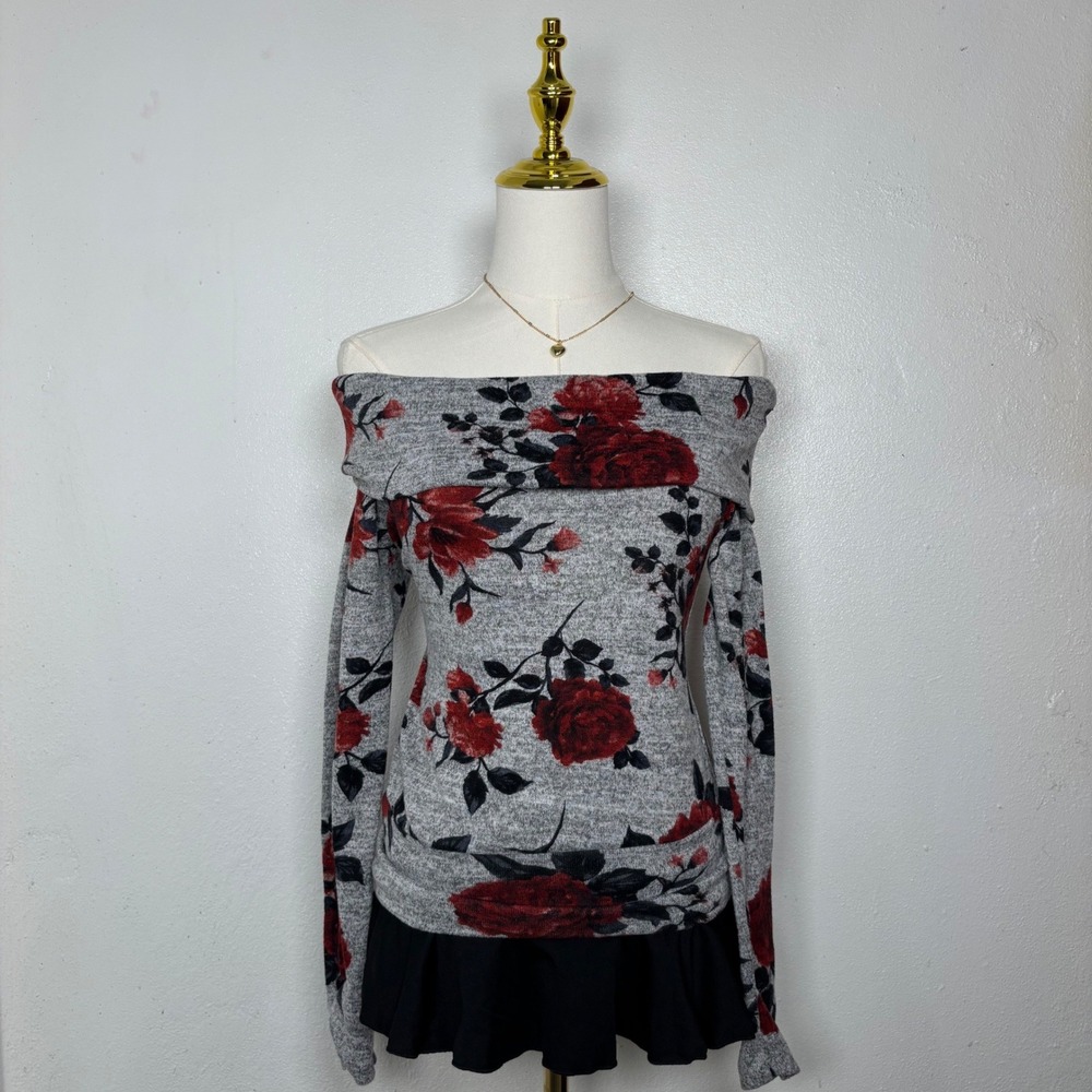 BCX y2k gray black red floral off shoulder sweater coquette chic romantic goth